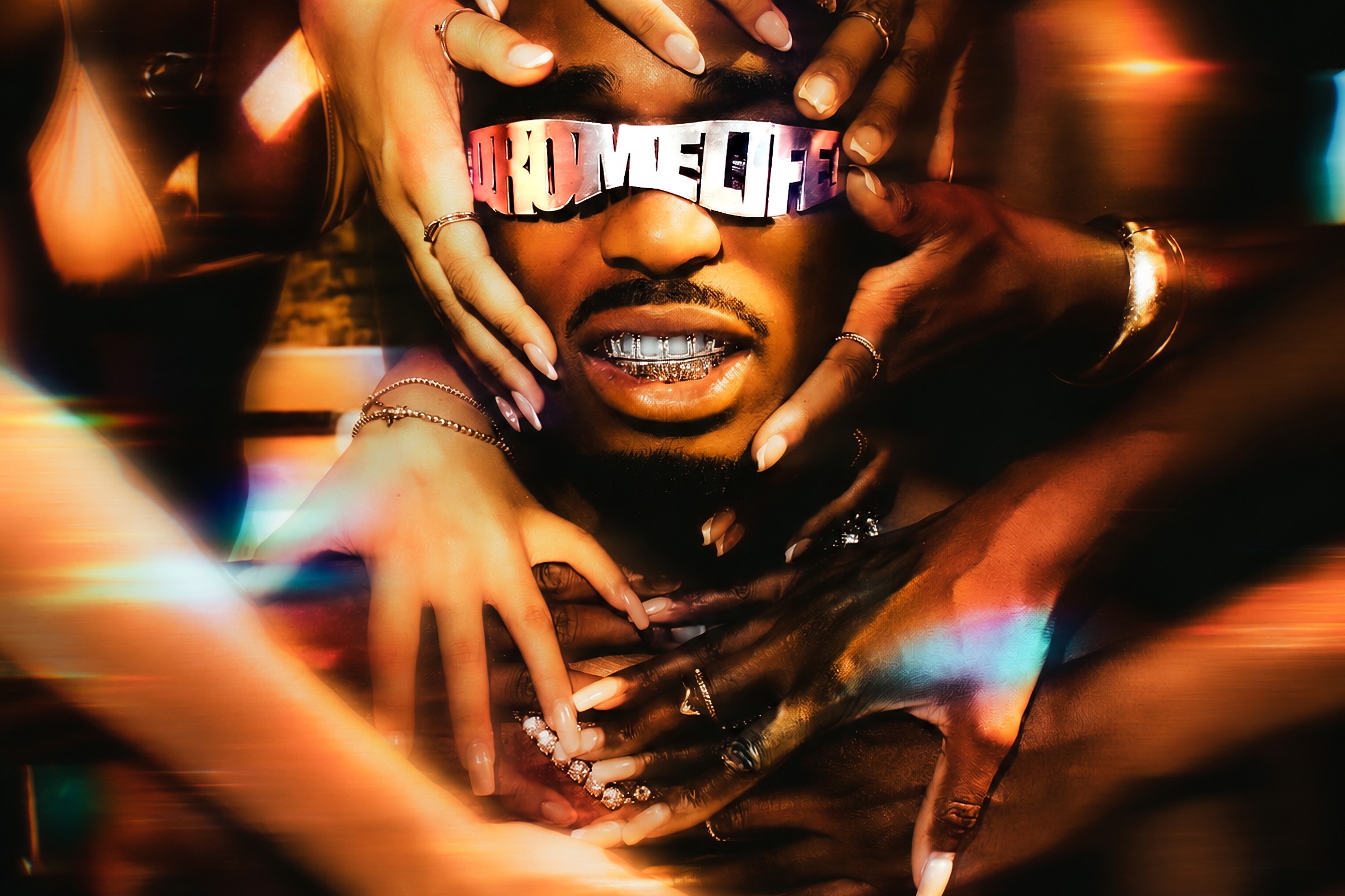 Trance (Walk It Down) cover art: Quavo in a chrome QROMELIFE visor and diamond grill, hands reaching in from every side under warm club lighting