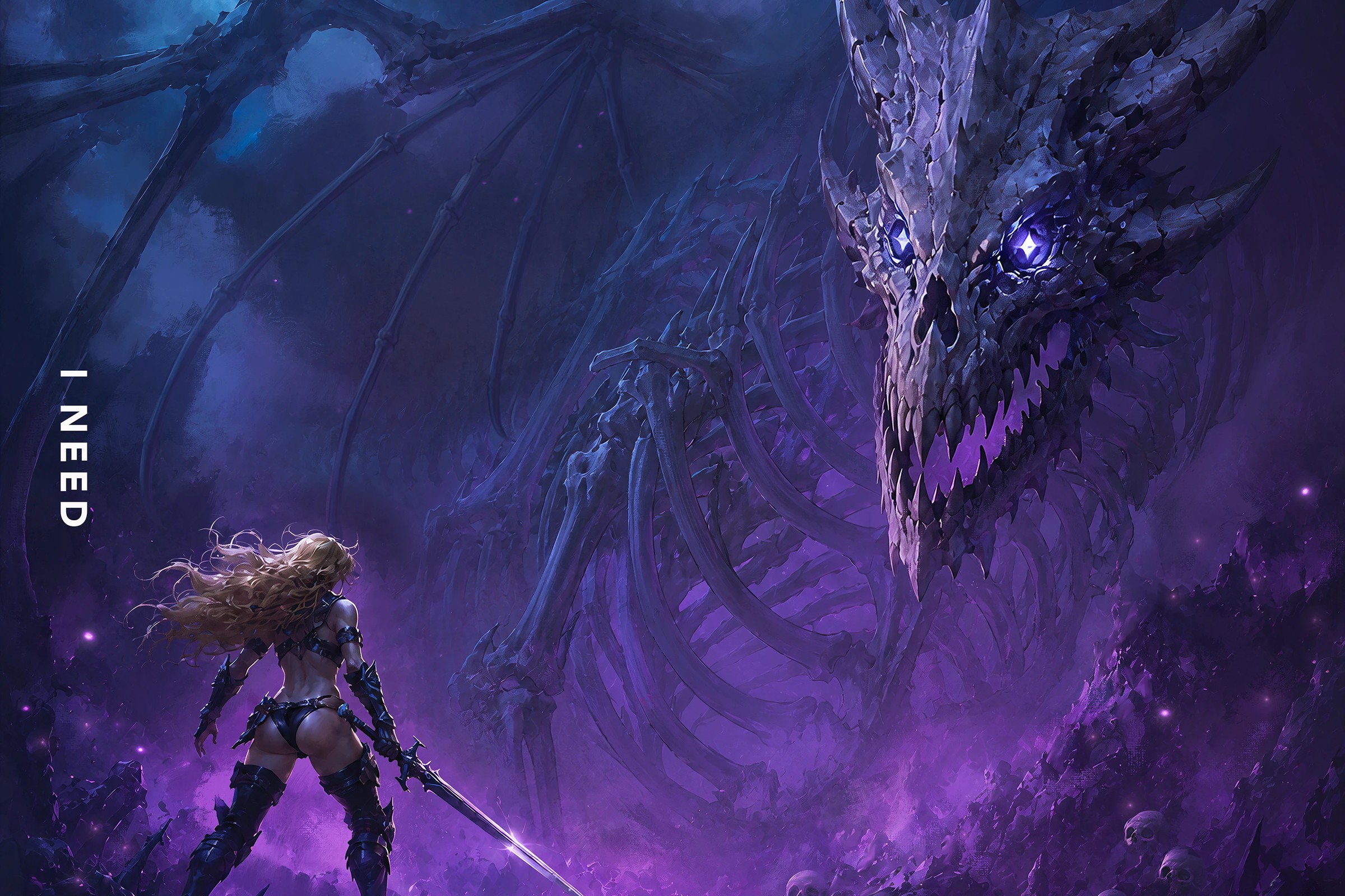 I Need cover art by Guillem showing a blonde armored warrior holding a sword facing a colossal skeletal dragon with glowing violet eyes above a field of skulls