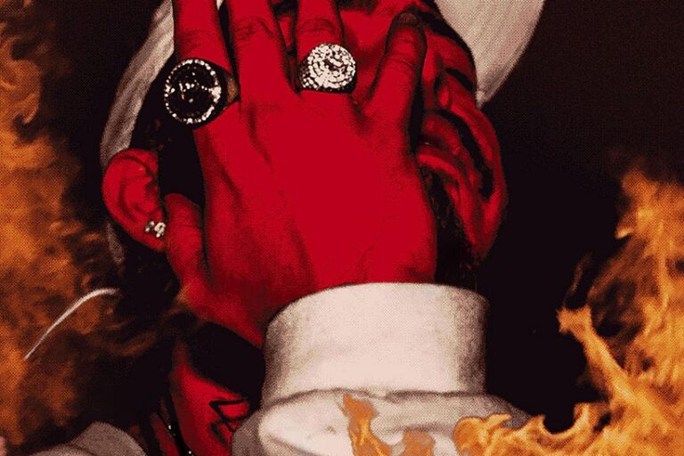 August 26th mixtape cover art showing a red-tinted hand wearing a diamond ring and watch covering a face, with orange flames on either side