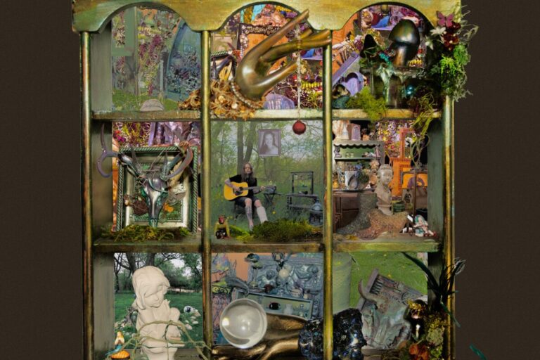 So Much For Goodbyes album cover, an assemblage artwork of a green and gold display cabinet filled with dioramas, gilded hands, mushrooms, moss and animal skulls, with a photograph of Billy Strings playing guitar on the middle shelf