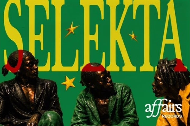 Selekta EP cover art with the title in large yellow type over a green background and three bronze sculpted figures in green, blue and yellow outfits wearing red caps