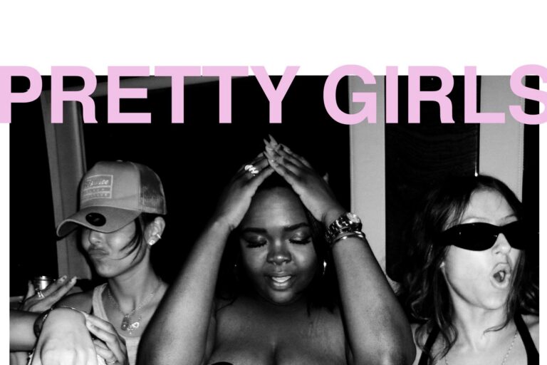 Cover art for G-Eazy's single Pretty Girls: a grainy black-and-white flash photo of three women at a house party, one in a trucker cap, one with her hands raised above her head, one in dark sunglasses, with the title PRETTY GIRLS in large pink capitals across the top