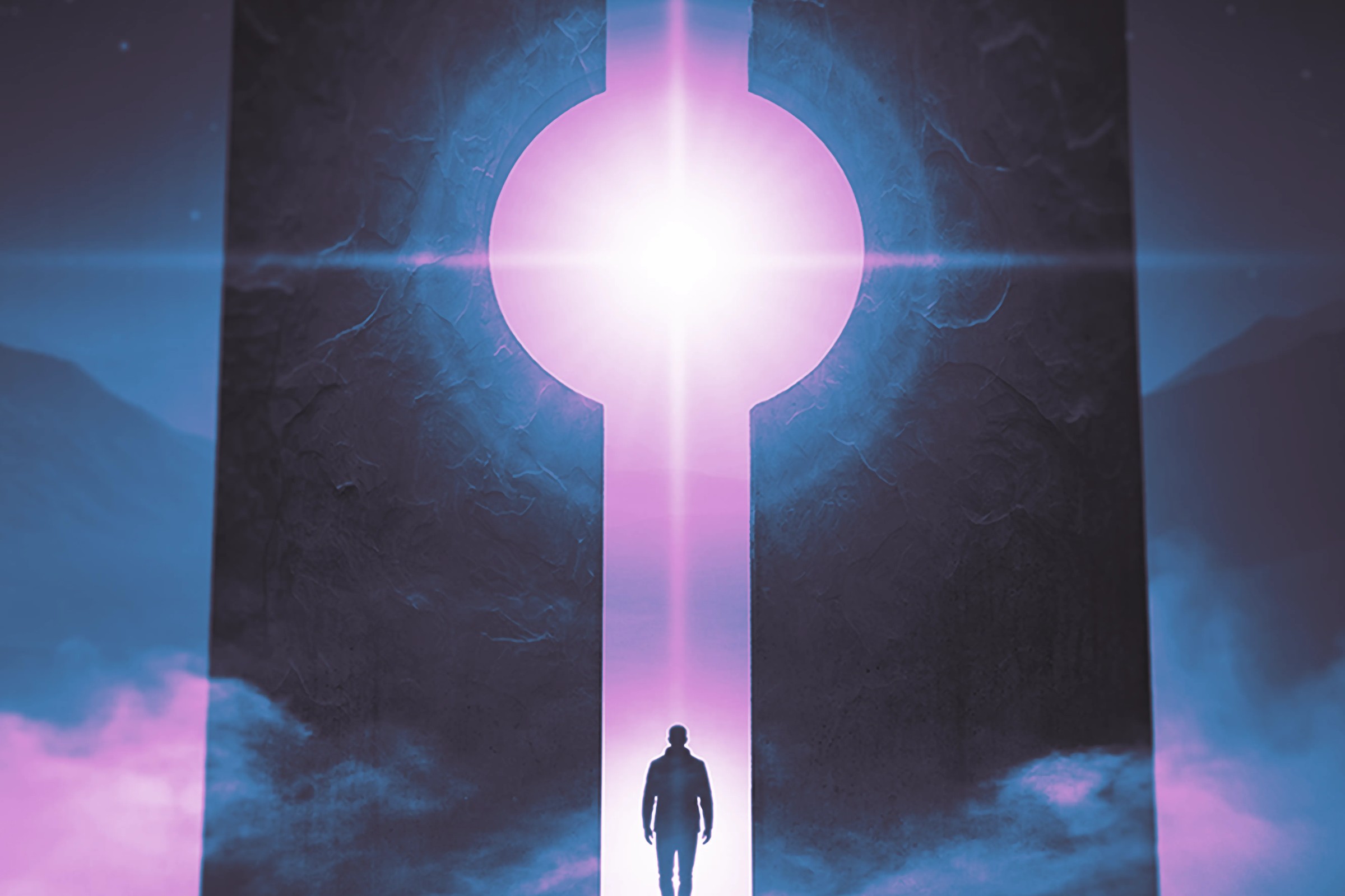 ORIGIN // album key art, a lone figure walking into a towering keyhole shaped monolith lit magenta and blue