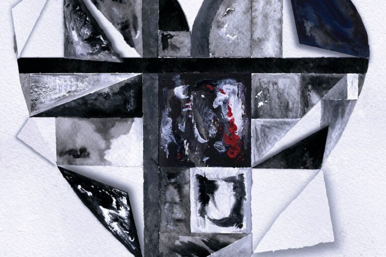 Cover art for the ARTBAT x David Guetta Mix of Somebody That I Used to Know, a fragmented heart shape built from torn grey, black and white painted paper with a red-streaked panel at its center on a white background