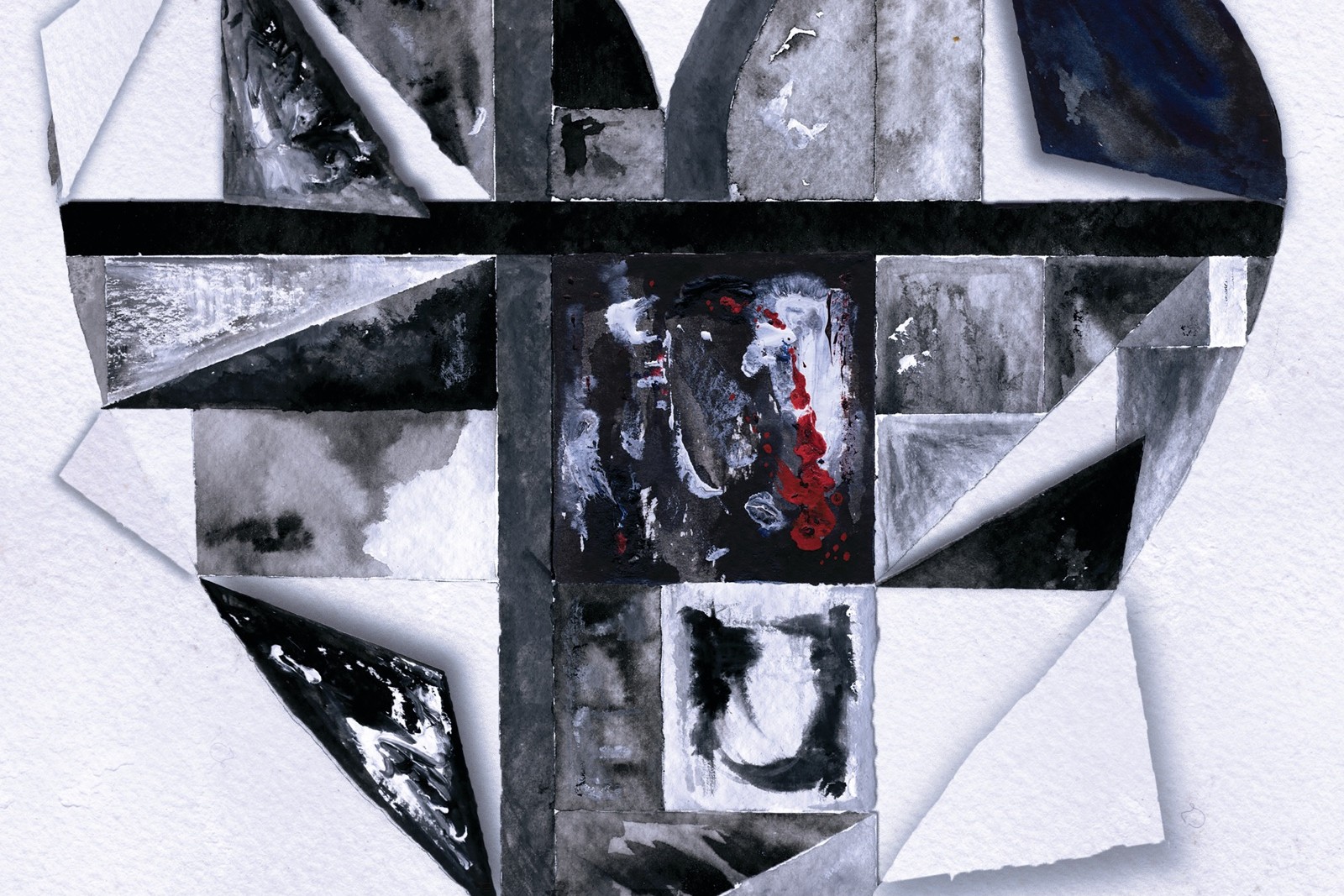 Cover art for the ARTBAT x David Guetta Mix of Somebody That I Used to Know, a fragmented heart shape built from torn grey, black and white painted paper with a red-streaked panel at its center on a white background