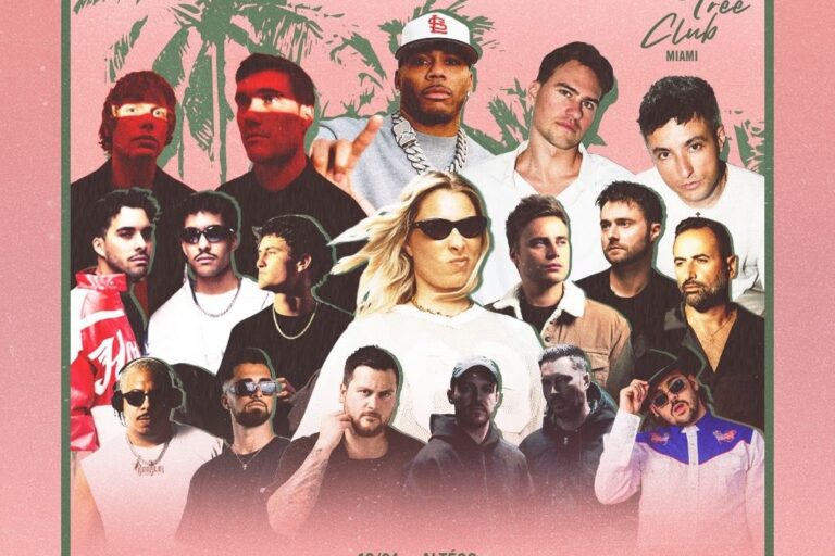 Palm Tree Club Miami fall calendar artwork showing a collage of cut-out artist portraits, including Nelly in a white baseball cap and heavy chain, over a dusty pink background with green palm silhouettes and the Palm Tree Club Miami script logo