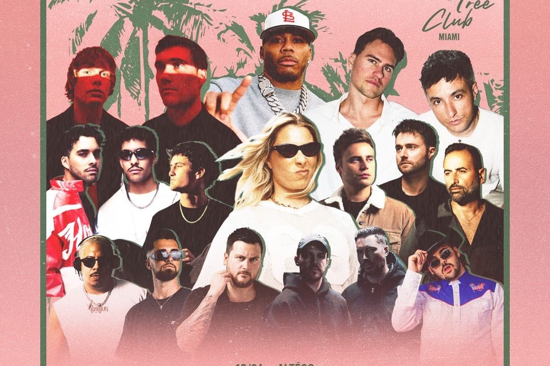 Palm Tree Club Miami fall calendar artwork showing a collage of cut-out artist portraits, including Nelly in a white baseball cap and heavy chain, over a dusty pink background with green palm silhouettes and the Palm Tree Club Miami script logo