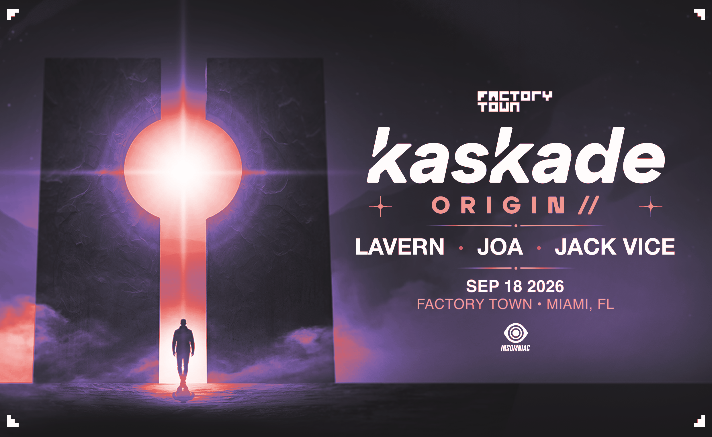 Official Factory Town flyer for Kaskade ORIGIN// on September 18 2026 in Miami with Lavern, JOA and Jack Vice, showing a figure walking into a glowing keyhole-shaped monolith
