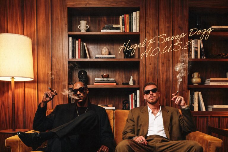 HUGEL x Snoop Dogg H.O.U.S.E cover art: Snoop Dogg in a black suit and HUGEL in an olive suit sit on a mustard velvet sofa in a wood-paneled library, both in dark sunglasses holding lit cigars, the title handwritten in cream script above them