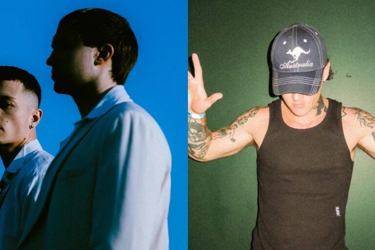 Split image: Prospa's two members in white shirts, shown in profile against a bright blue sky on the left, and KETTAMA in a navy 'Australia' kangaroo cap and black tank top, tattooed arm raised, against a green wall on the right