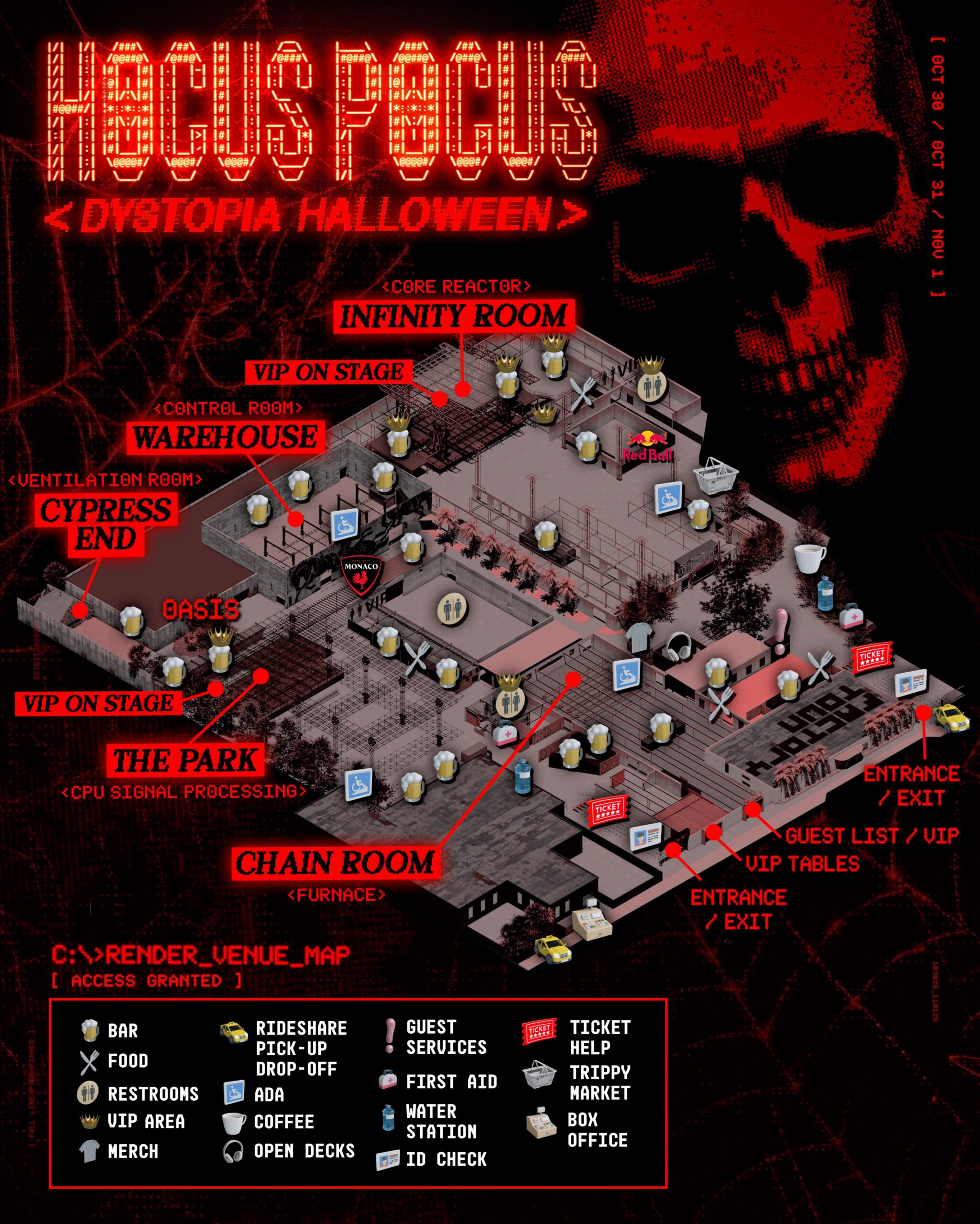 Isometric Hocus Pocus Dystopia Halloween venue map of Factory Town marking Infinity Room, Warehouse, Cypress End, The Park and Chain Room, with a red skull and an amenities legend