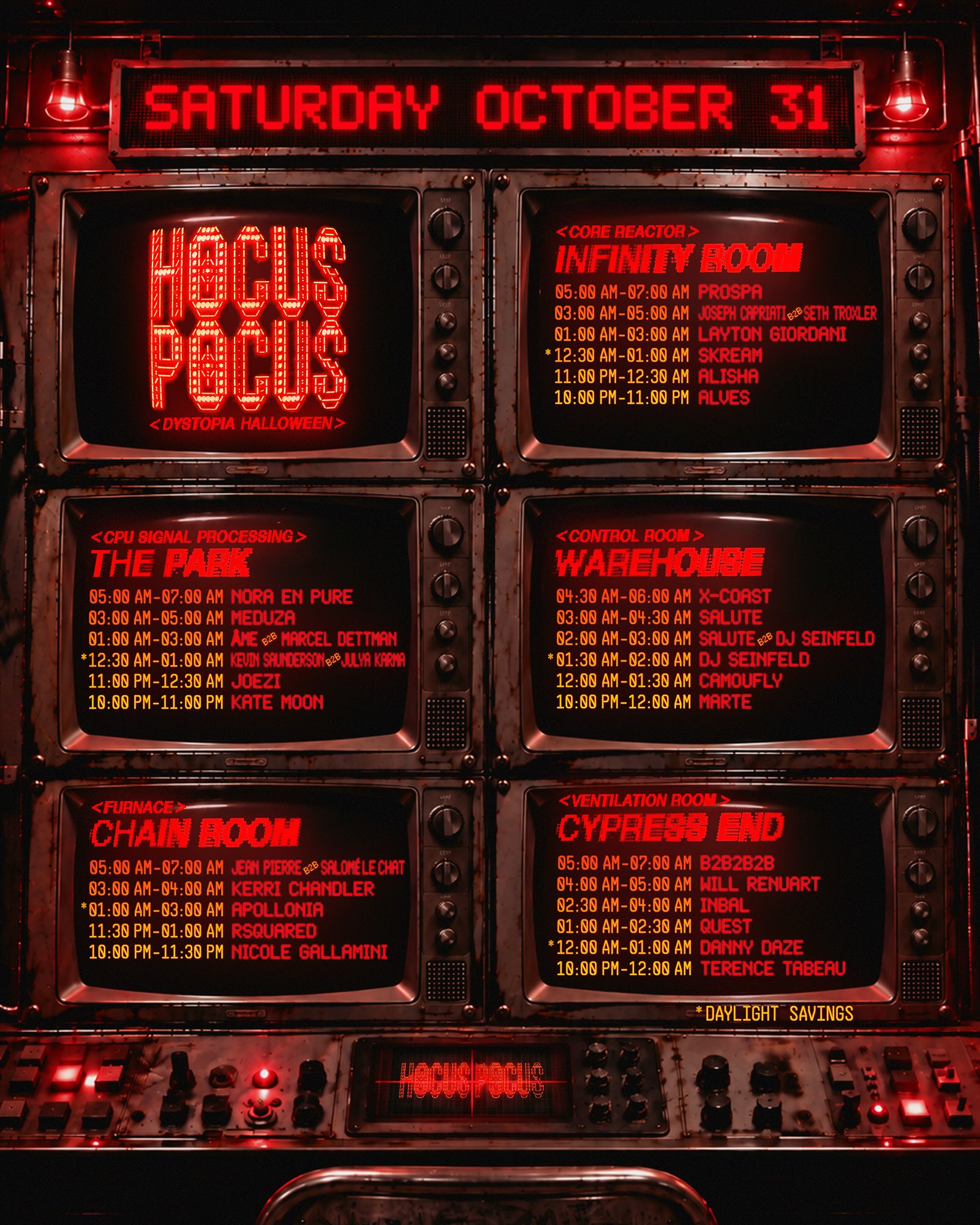 Hocus Pocus Dystopia Halloween set times for Saturday October 31, shown as red glowing schedules on a wall of rusted CRT monitors, one screen per stage