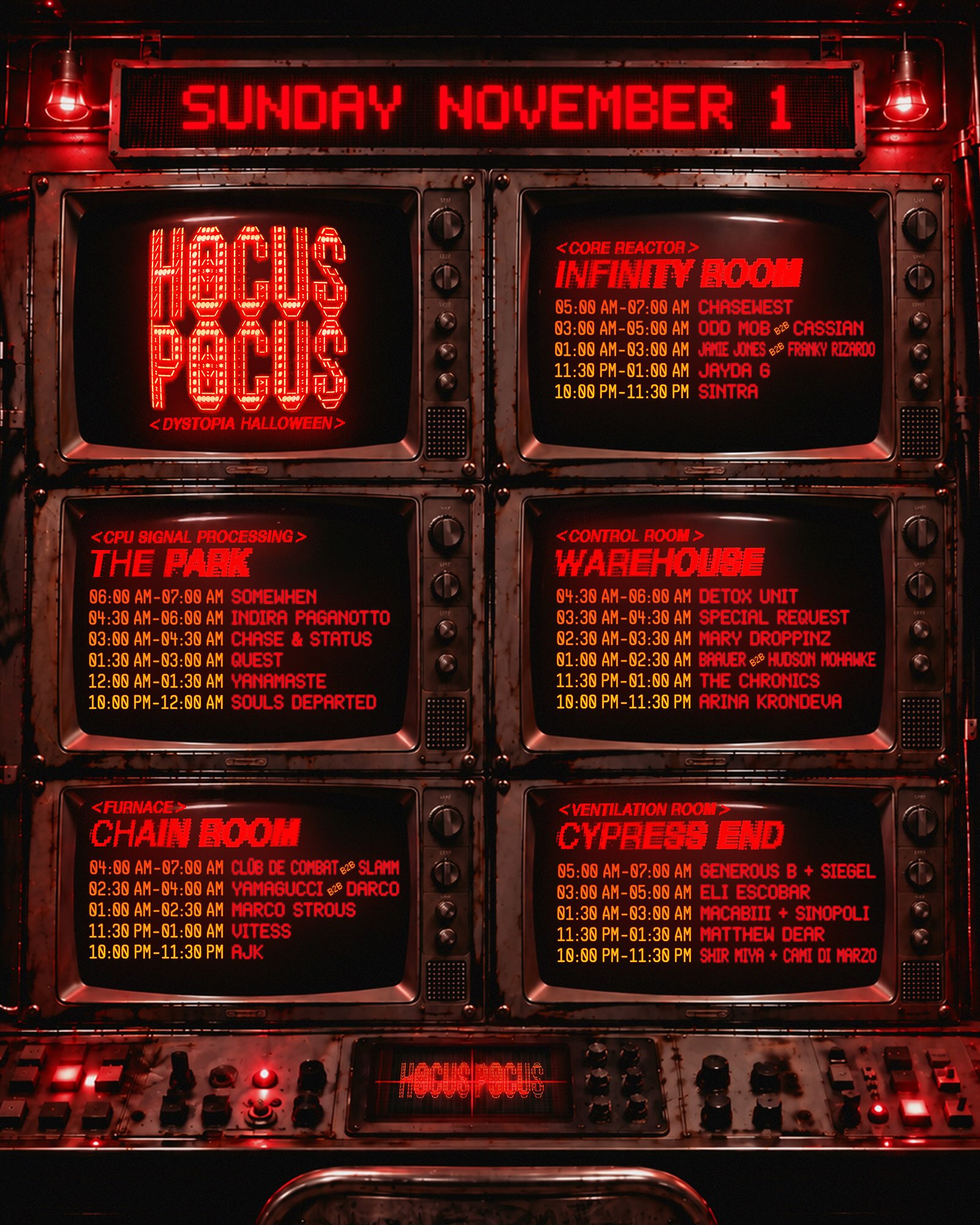 Hocus Pocus Dystopia Halloween set times for Sunday November 1, shown as red glowing schedules on a wall of rusted CRT monitors, one screen per stage