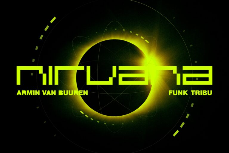 Nirvana single artwork: a neon yellow-green solar eclipse on black with orbit lines, the word 'nirvana' in a blocky pixel font, and the names Armin van Buuren and Funk Tribu beneath
