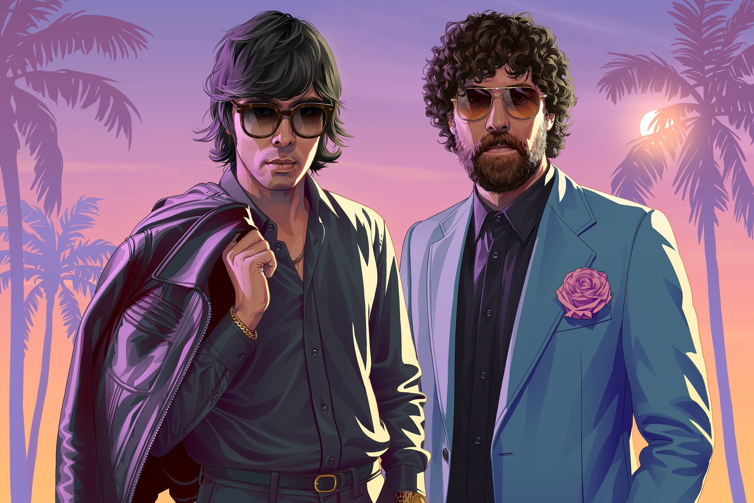 GTA VI-style illustration of Justice's Xavier de Rosnay and Gaspard Augé in sunglasses, one with a purple leather jacket over his shoulder, the other in a teal suit with a pink rose boutonniere, against a purple sunset with palm trees