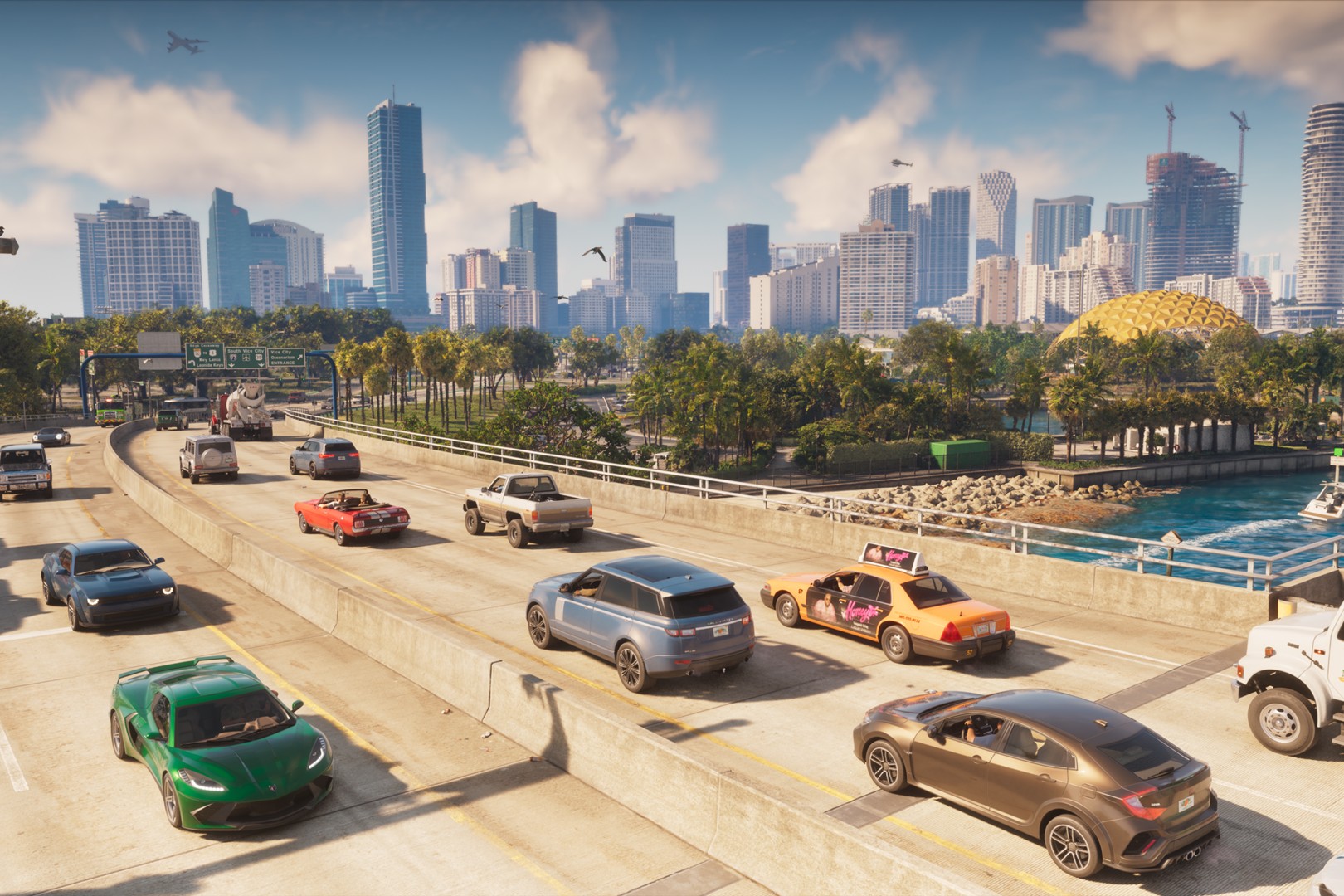 Grand Theft Auto VI screenshot of traffic on a Vice City highway overpass with the downtown skyline, palm trees and a gold dome behind it