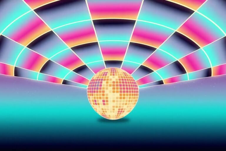 Keep It Live visualizer still: a glittering gold and pink disco ball on a teal floor beneath a striped pink, orange and aqua neon dome