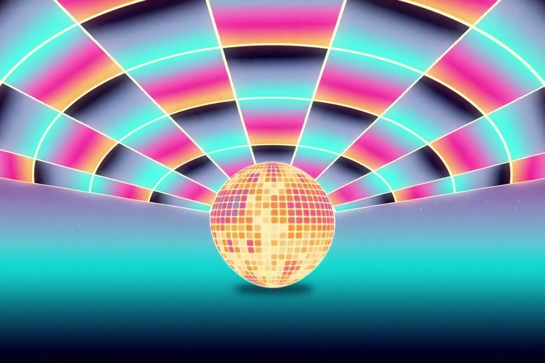 Keep It Live visualizer still: a glittering gold and pink disco ball on a teal floor beneath a striped pink, orange and aqua neon dome