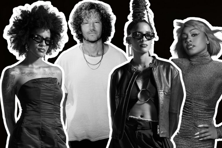 Black-and-white press photo of Lincoln Jesser, Coco & Breezy and Ultra Naté as four cutout portraits with white outlines on a black background